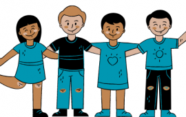 Drawing of kids standing together smiling.