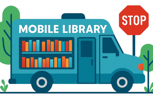 Mobile Library near a stop sign.