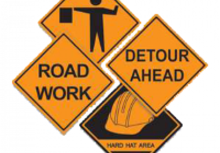 Road Work, Detour Ahead, Hard Hat Area Road Signs