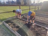 Kids working in a garden bed