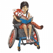 Girl in a wheelchair reading with a red panda on her lap.