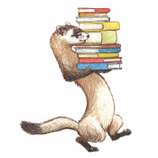 Ferret carrying a stack of books.