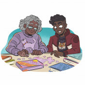 Two adults working on a puzzle together.
