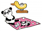 Parents Panda and Baby Panda having a picnic.