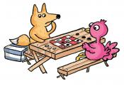 Illustration of a fox and a bird playing checkers.