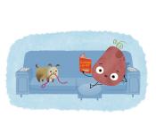 Cartoon potato and dog sitting on a couch.