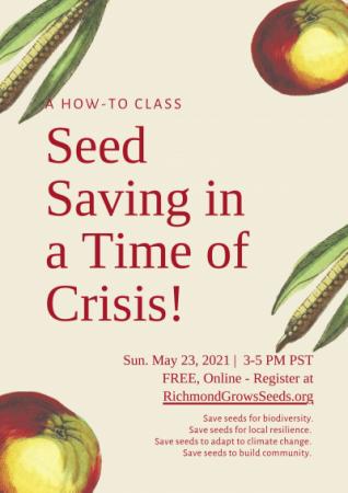 Seed Saving in a Time of Crisis poster with illustrated vegetables