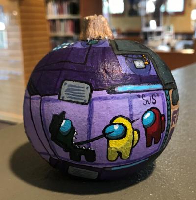 Pumpkin painted with Among Us theme