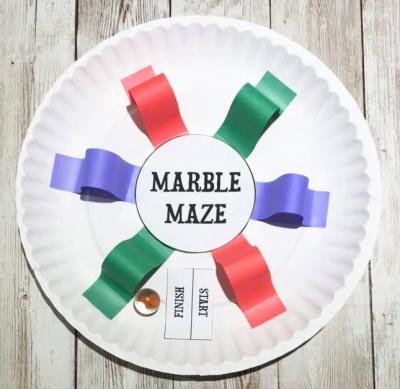 Marble maze made from paper plate and contruction paper
