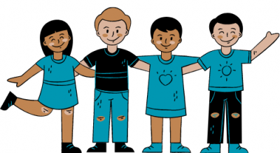 Drawing of kids standing together smiling.