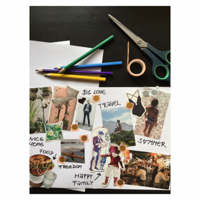 Vision Board with magazine cutouts.