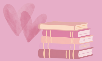 Hearts and a stack of books.