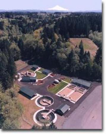Aerial view of the Sandy wastewater treatment plant with Mount Hood in the background