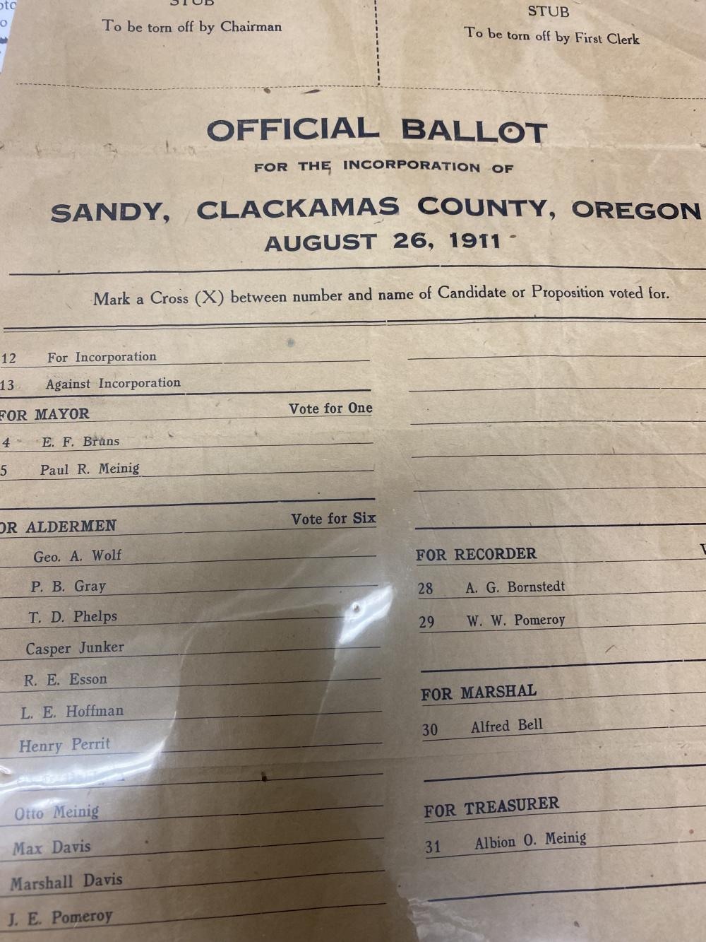Original City Incorporation Ballot August 26, 1911 Sandy, OR