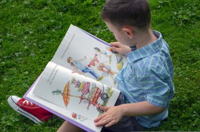 Young boy sitting on grass reading a picture book.